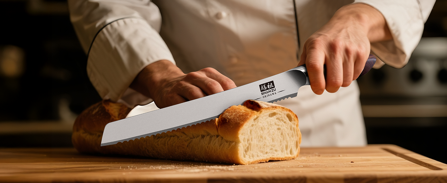 SHAN ZU Profi кухонний ніж 18 см - японський кухонний ніж з високоякісної сталі 10Cr15Mov, 12° заточка, ергономічна ручка з паккавуда - для м'яса, овочів, риби (хлібний ніж 25 см)