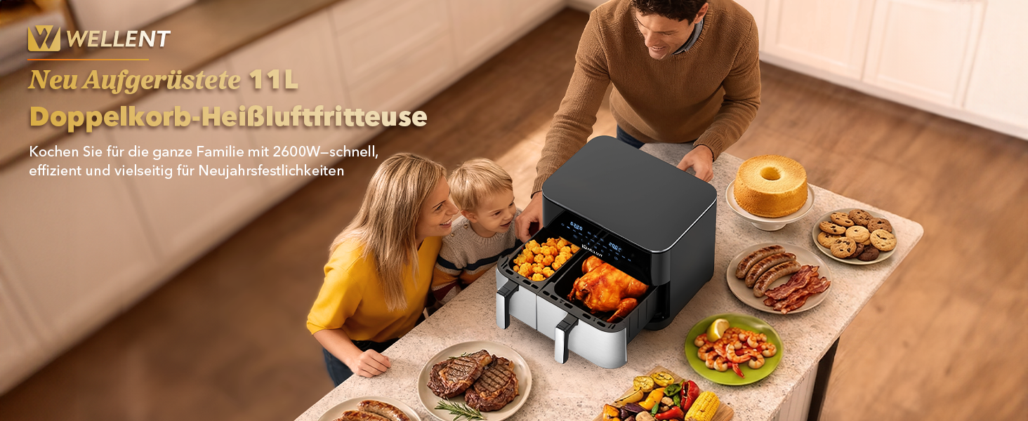 Аерофритюрниця WELLENT Dual Zone XXL 11л (6+6л), 2950W, з двома камерами, вікном перегляду та функцією Match & Sync