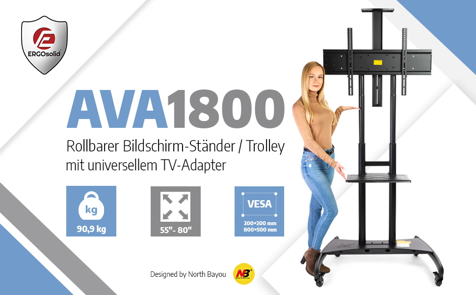 Універсальна підставка під телевізор Ergosolid AVA1800, регульована по висоті, поворотна, 55-80 дюймів, чорна