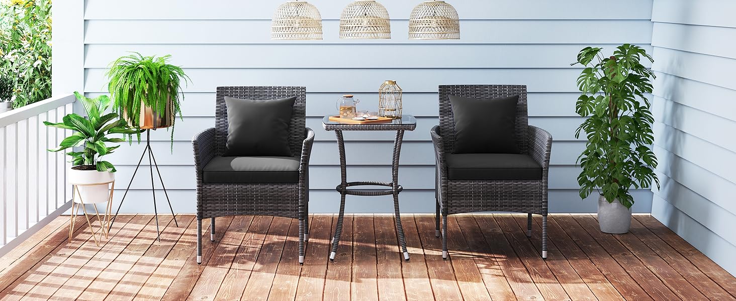 Набір садових меблів GIANTEX для балкона: стіл та 2 стільці з ротангу, комплект на 2 особи, з подушками (бежевий)