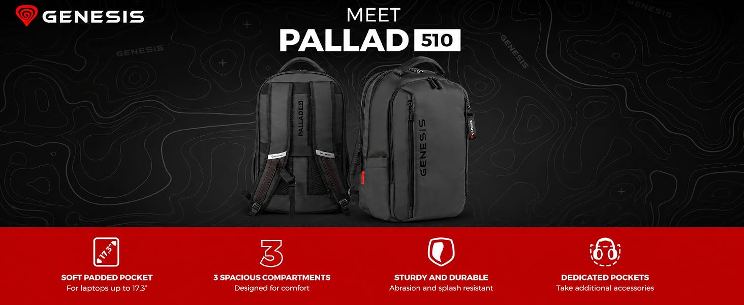 Рюкзак для ноутбука Genesis Pallad 550, 17.3 дюймів, 24 л, 19 кишень, чорний