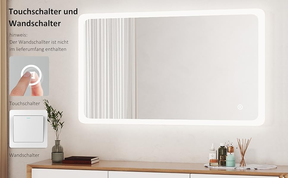 LED дзеркало для ванної кімнати Boromal 100x60 см з підсвічуванням, 3 колір світла, регулювання яскравості, сенсорне керування