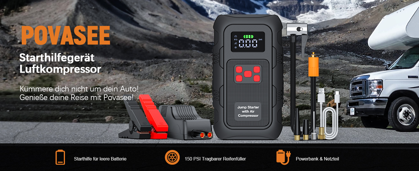 Бустер для авто Povasee Starthilfe Powerbank 5000A: пусковий пристрій для бензинових та дизельних двигунів (до 10л), 12V, з LCD-дисплеєм, 2 USB-портами та LED-ліхтарем, чорний