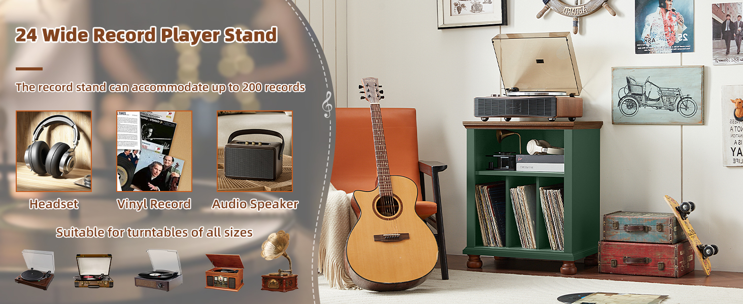 Стійка для програвача LELELINKY, полиця для платівок, місце для 200 платівок, дерев'яний стіл для програвача, полиця для платівок у вітальню, спальню, офіс (зелений)