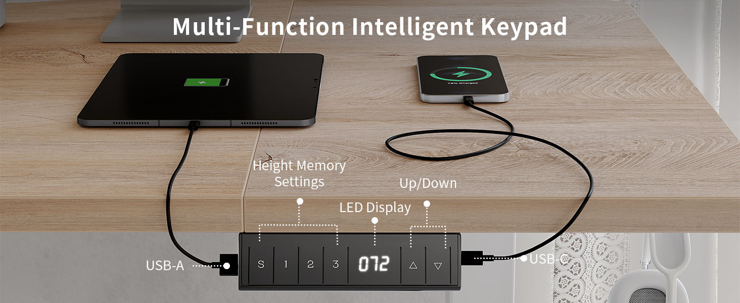 FEZIBO Стол для роботи з регулюванням висоти 140x70 см з USB-A та USB-C, електричний, для дому/офісу, економія місця, дуб