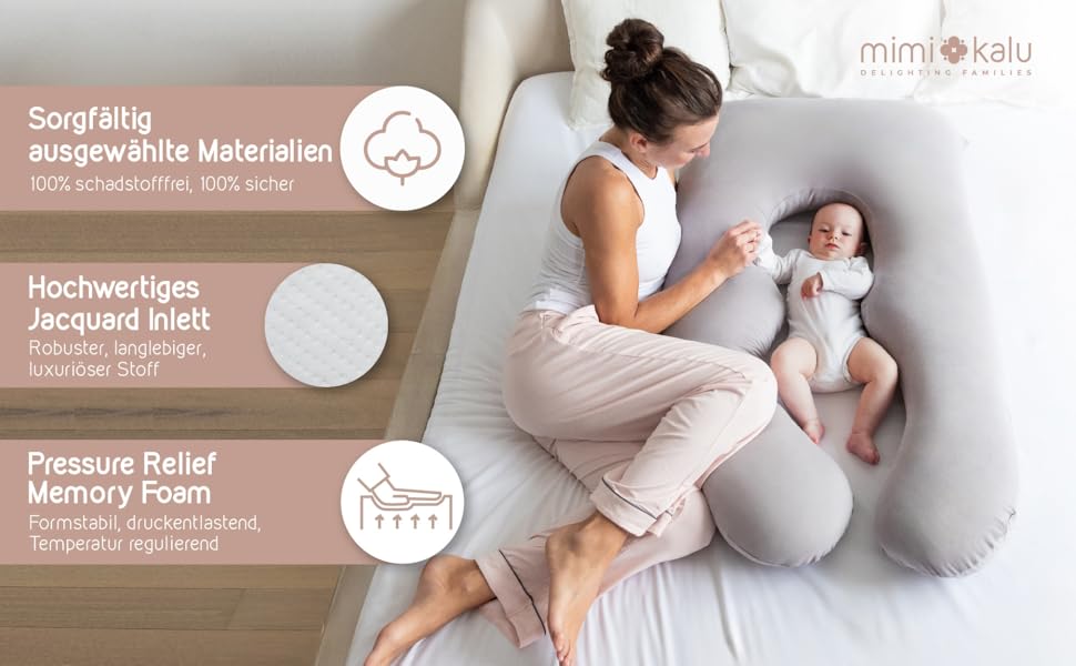 Подушка для сну на боці Mimi Kalu® Original з Memory Foam, 130 x 70 см, платиново-сіра | Подушка для вагітних, подушка для годування, м'яка подушка | З чохлом з 100% Soft-Cotton та маскою для сну