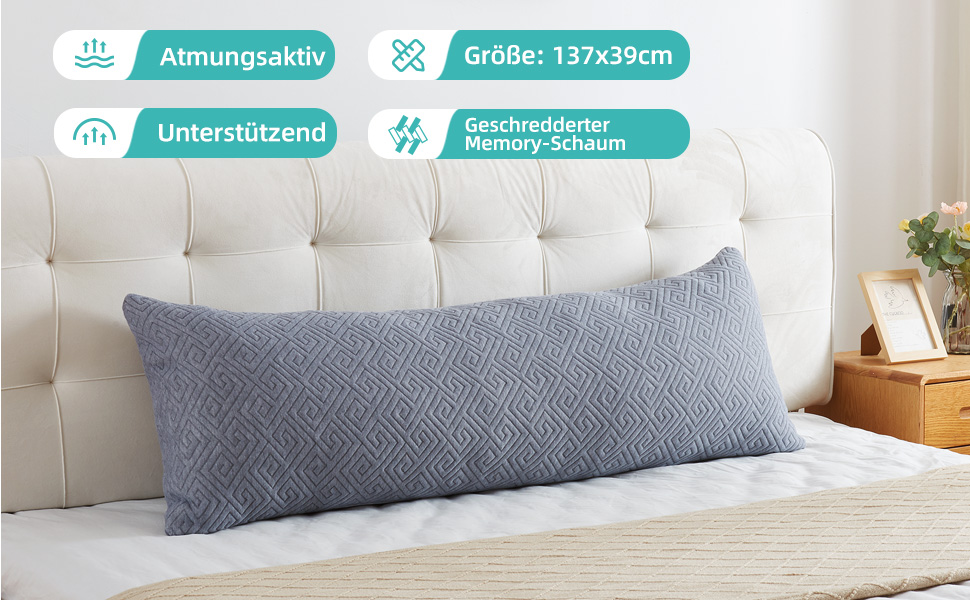 Подушка для сну на боці 39 x 137 см. Довга подушка для тих, хто спить на боці, з подрібненою піною з пам'яті. Вагітна подушка, подушка-обійми з віскоеластичної піни. Знімний чохол, регульована наповнюваність.