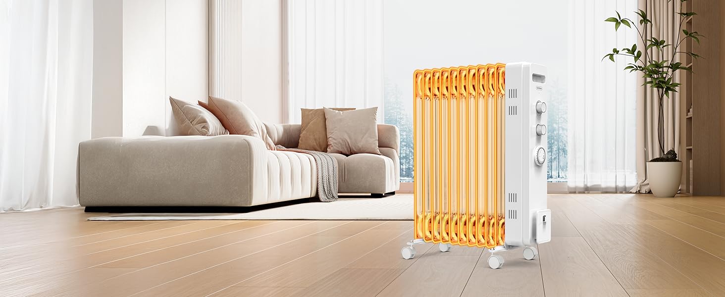 Масляний радіатор VonHaus з 11 ребрами, 2.5 кВт, з термостатом, білий - для дому та офісу