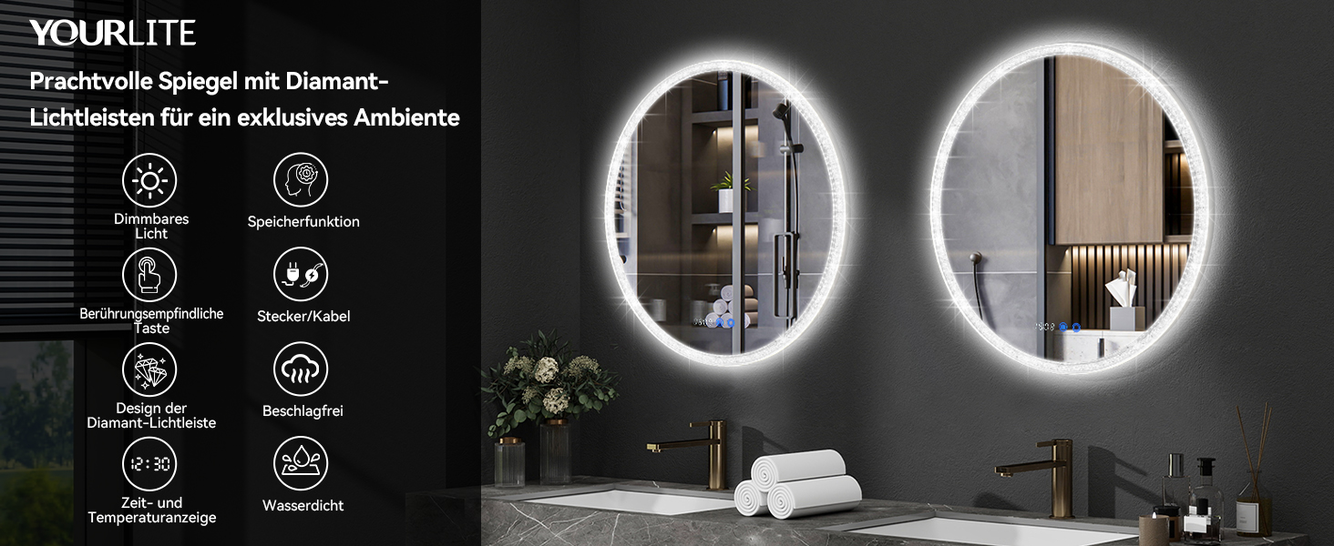 Дзеркало для ванної кімнати YOURLITE з підсвічуванням, діаметр 60 см, LED, 3 кольори, регулювання яскравості, сенсорна кнопка, антизапар, пам'ять, IP44, срібний