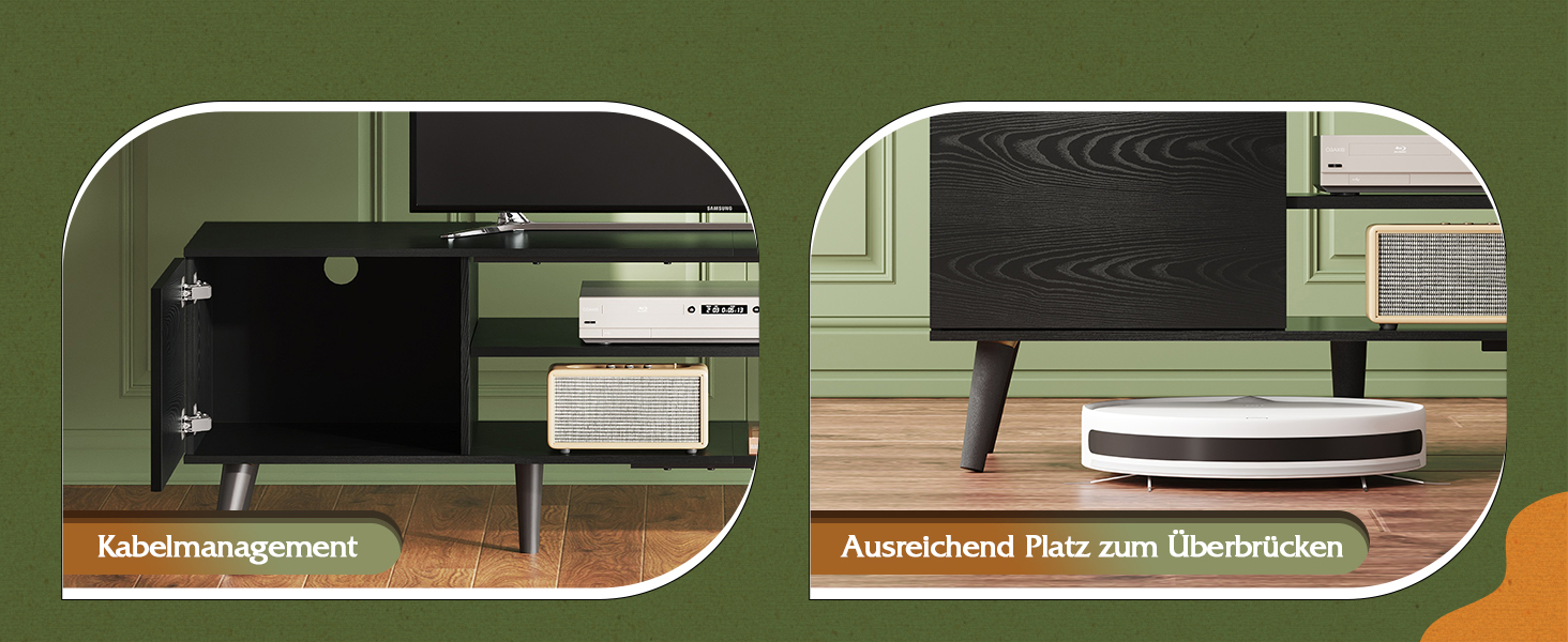 Тумба під телевізор WLIVE Schwarz 160x40x47 см, чорна, з 2 дверцятами та 2 відкритими полицями для вітальні, спальні, їдальні