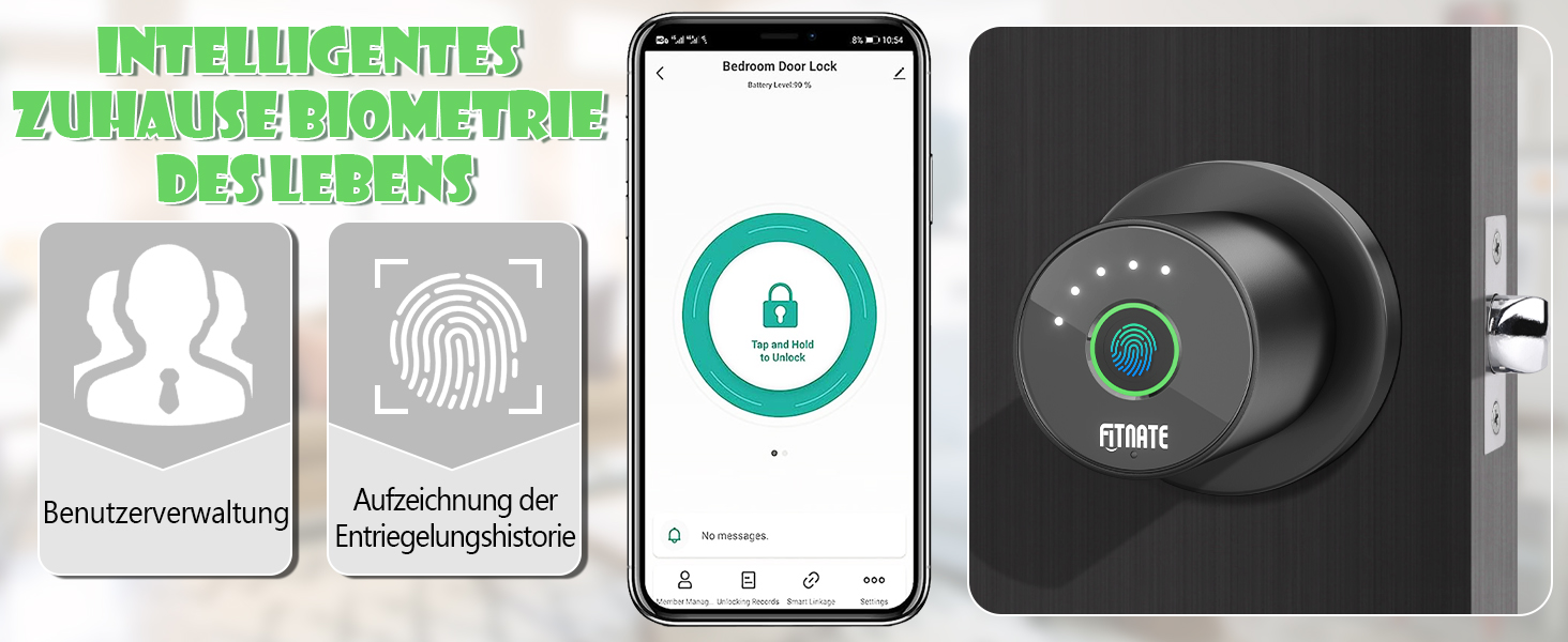 Розумна біометрична дверна ручка з відбитком пальця FITNATE з керуванням додатком для спальні, дому, готелю, офісу
