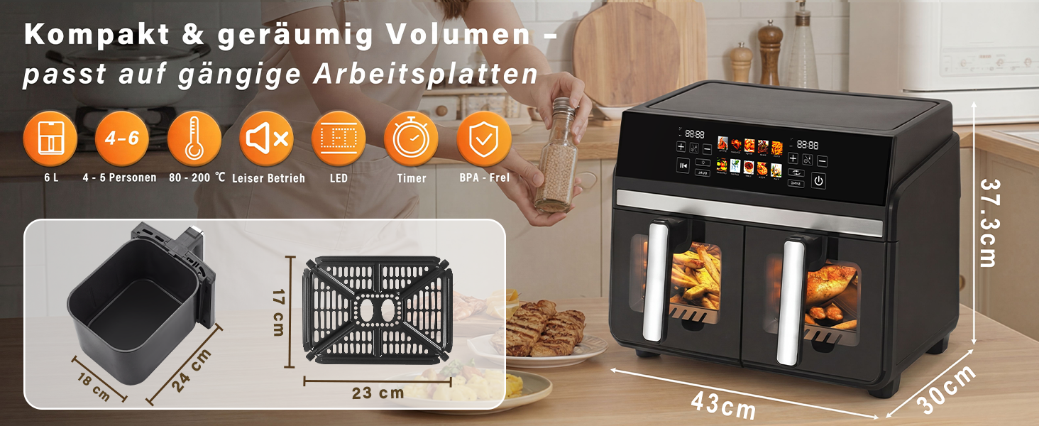 Аерофритюрниця Citybee XXL 10л з двома камерами (5л+5л), сенсорне керування, Dual Zone, 2200 Вт, чорна