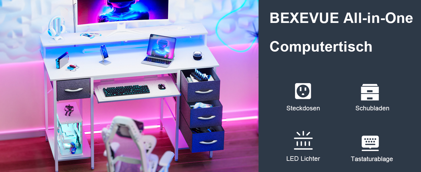 Ігровий стіл BEXEVUE зі світлодіодним підсвічуванням та розетками, 120x50 см, білий — комп'ютерний стіл з підставкою для клавіатури, 4 шухлядами та полицею для офісу та геймінгу