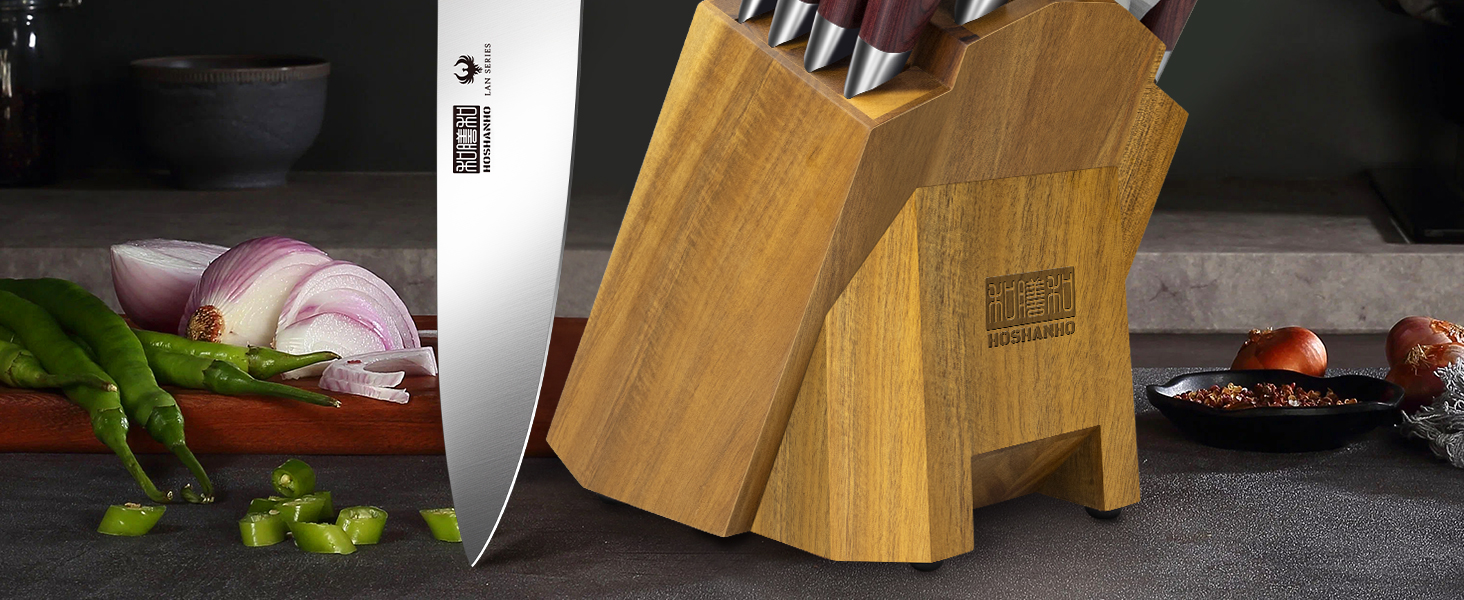 Набір ножів HOSHANHO 18 предметів з дерев'яним блоком, кухонний набір ножів з професійними лезами з високоякісної нержавіючої сталі