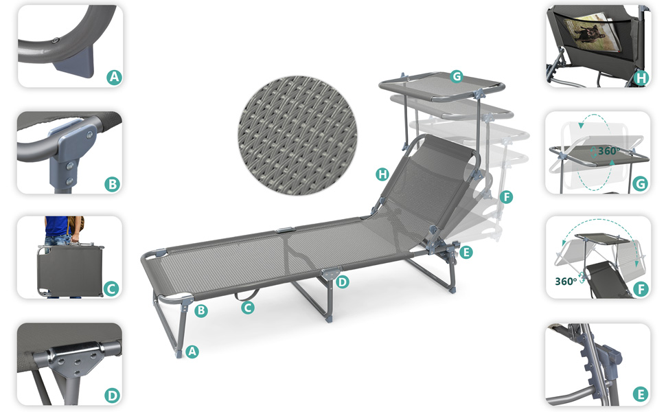 Набір з 2 шезлонгів Vounot, розкладні, для саду, басейну, тераси, сірого кольору. З сонцезахистом та регульованою спинкою.