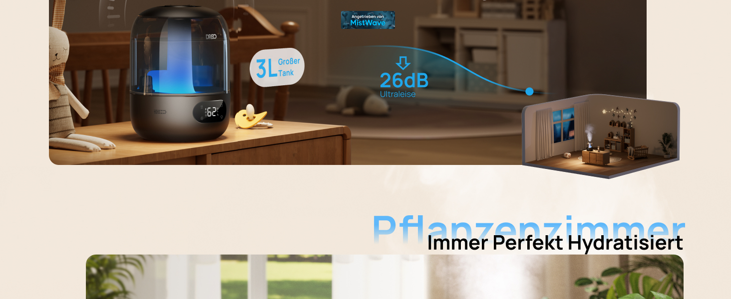 Зволожувач повітря Dreo для спальні, ультразвуковий пристрій холодного туману з 30 годинами роботи, резервуар 3L з верхнім заповненням, датчик вологості, нічне світло для дітей, кімнати, рослин та дому, чорний