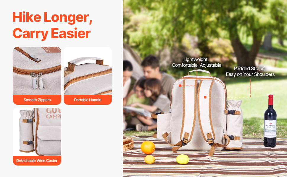 Рюкзак для пікніка VEVOR на 4 особи (20 л) з ізольованим холодильником, підстаканником/для вина та комплектом посуду для кемпінгу та пікніків, бежевий