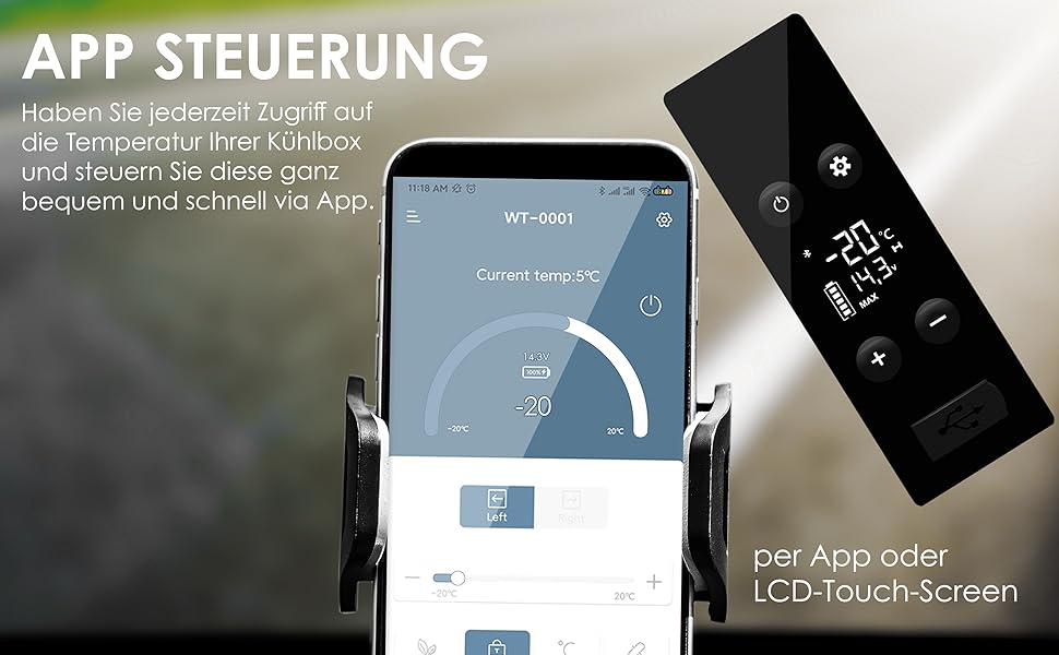 Автомобільний компресорний холодильник KESSER 42L з Wi-Fi, 12/24/230V. Морозильна камера до -20°C, колеса, телескопічна ручка для кемпінгу, фургону, вантажівки + 2 акумулятори холоду