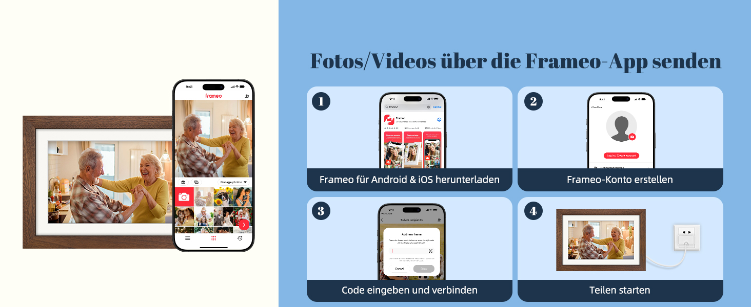 Цифровий фоторамка Frameo 10.1 дюйма з Wi-Fi, горіхове дерево, 32GB, IPS Touchscreen, Wi-Fi, фото/відео через додаток Frameo, подарунок для чоловіків та жінок