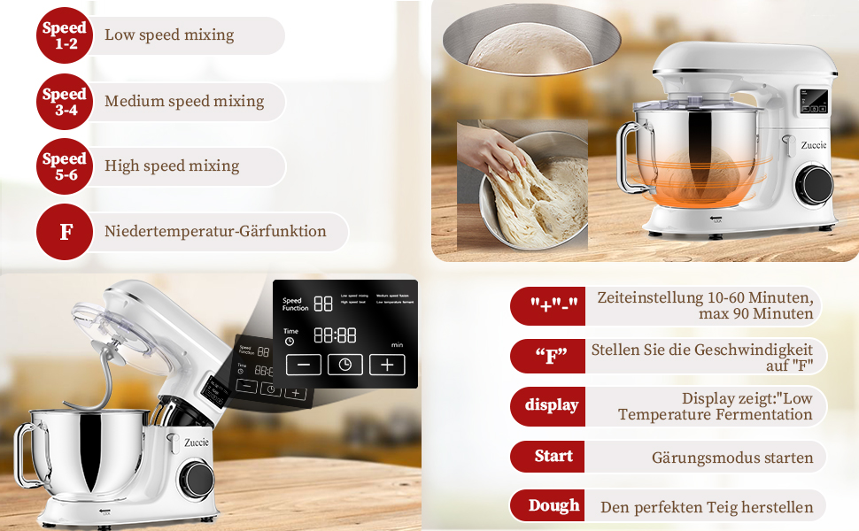 Кухонна машина 1500W 8L з 6 швидкостями, функцією ферментації та LCD-дисплеєм (біла)