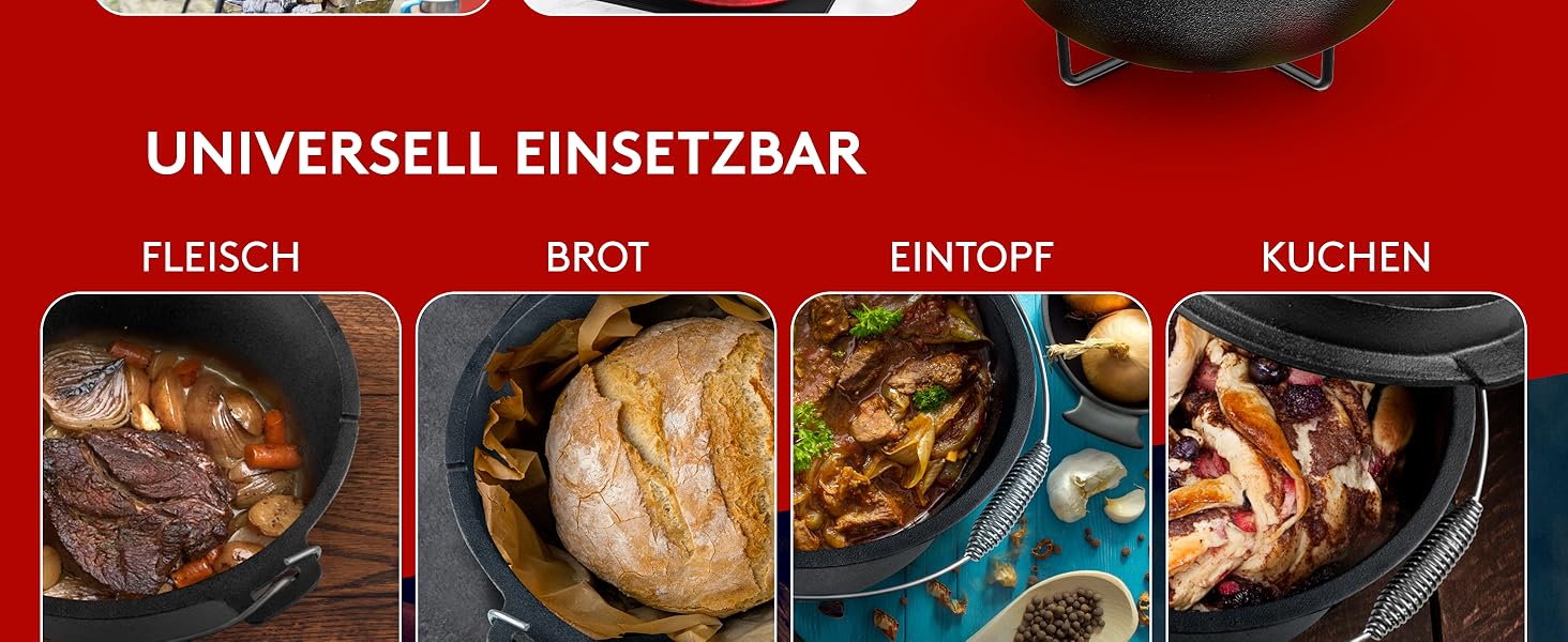 Набір чавунного казана BBQ Dutch Oven [Das Original] 10,8 л з підставкою та кришкою-гриль 2,2 л, піднімачем та електронною книгою рецептів