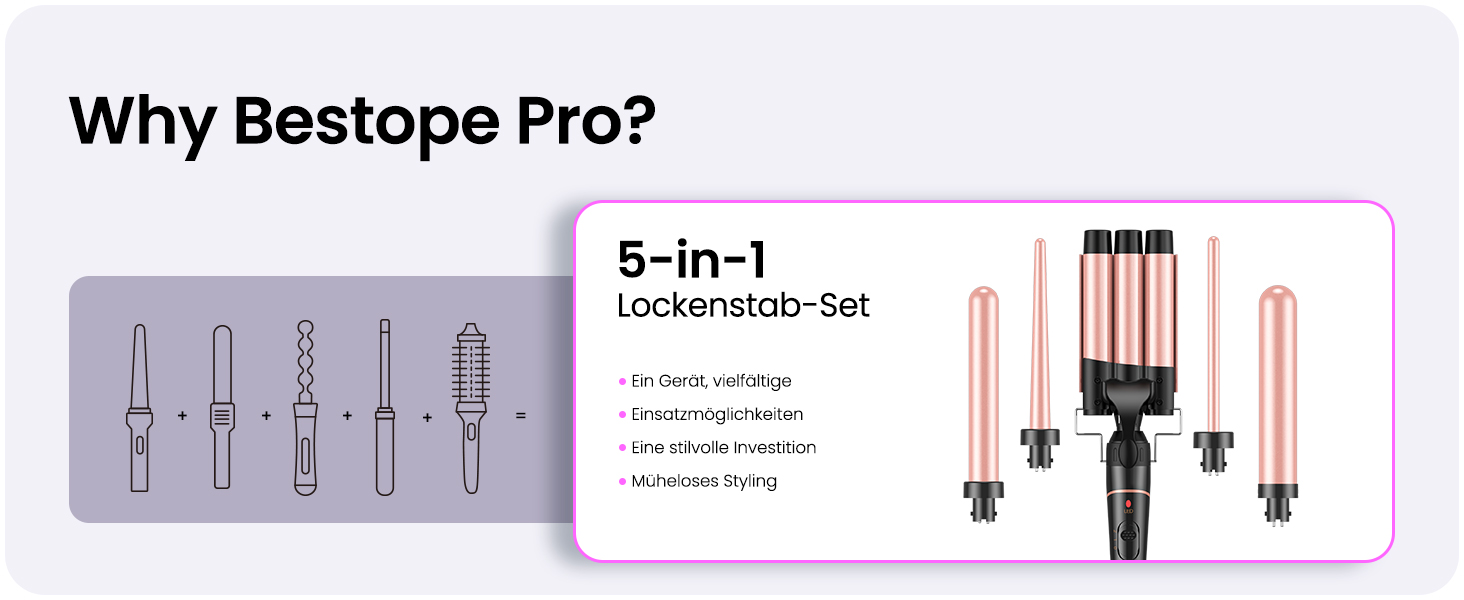 BESTOPE PRO Набір для завивки волосся 5-в-1 – 3 керамічні насадки для великих локонів та хвиль – швидкий нагрів, 2 температурні режими, локонові щипці з рукавичкою та 2 зажимами, антифrizz, подвійне напруження, рожеве золото