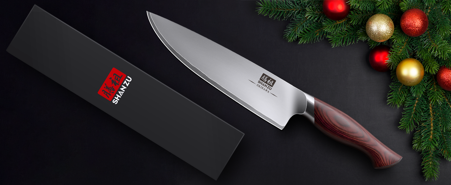 SHAN ZU Професійний кухонний ніж 20 см - ніж шеф-кухаря, японський, з нержавіючої сталі 5Cr15MoV, ергономічна ручка з пака-дерева, серія OKINAWA