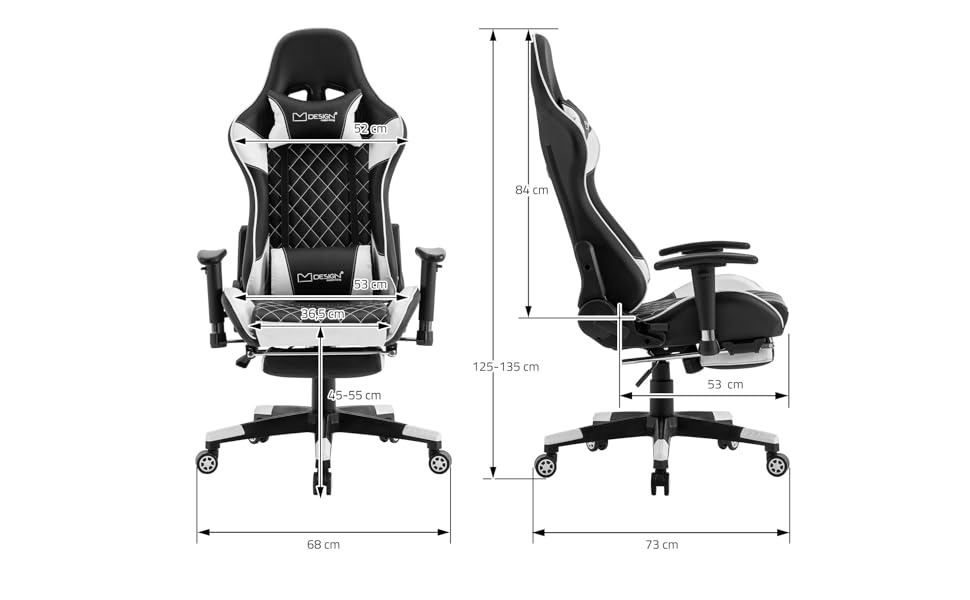 Ігрове крісло ML-Design, шкірозамінник, ергономічне, з підставкою для ніг, підлокітником, підголівником, поперековою подушкою (білий)