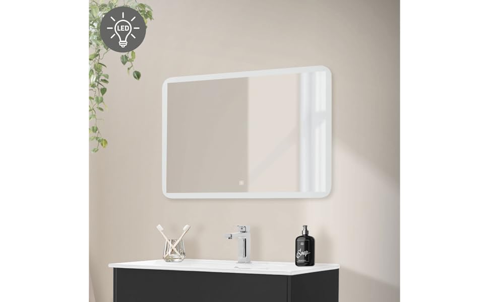 Дзеркало для ванної кімнати ML-Design з LED-підсвічуванням, 90 x 60 см, скло, сенсорне керування