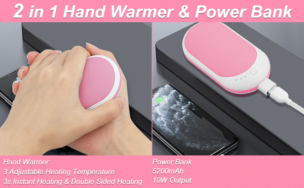 Електричний грілка для рук USB, повербанк 5200mAh, портативний, багаторазовий, для жінок та чоловіків, чорний та білий (рожевий та білий)
