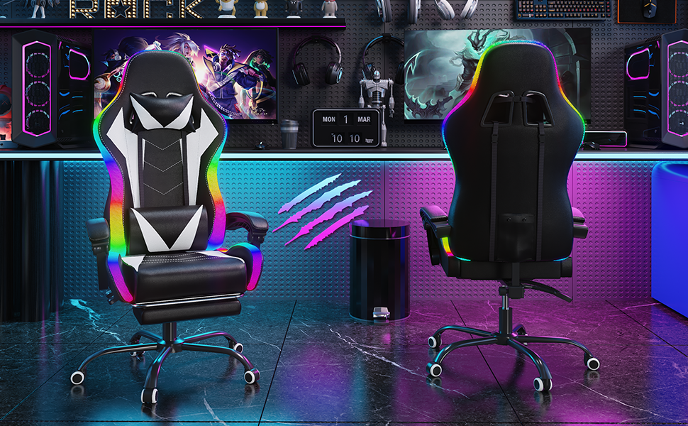 Ігровий крісло Devoko з LED підсвічуванням, білий. Ергономічний офісний крісло з функцією масажу, телескопічною підніжкою, регулюванням спинки 90-135°, вантажопідйомність 150 кг