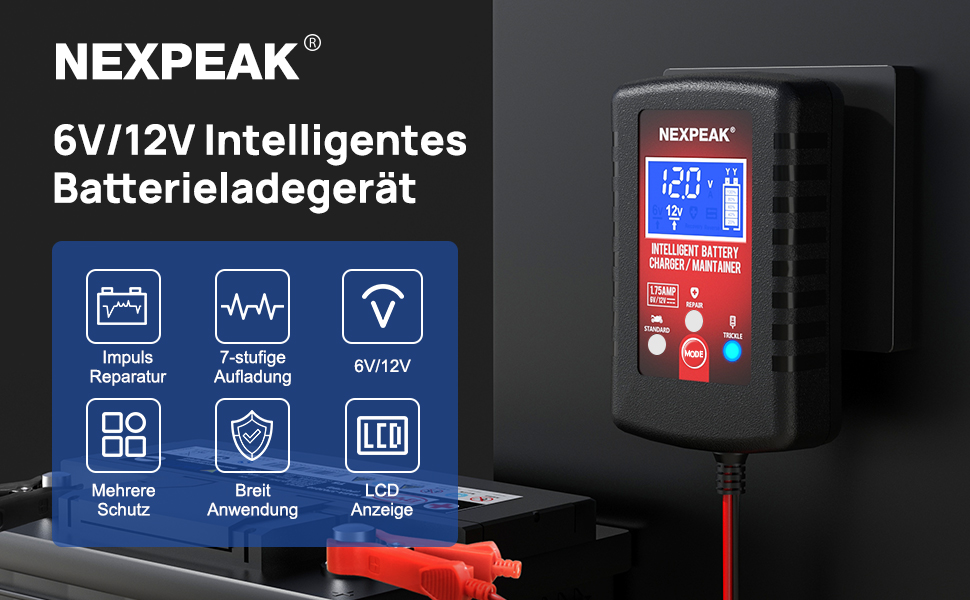 Зарядний пристрій для акумулятора Nexpeak NC175: 6V/12V, 1.75A, Smart, для автомобілів