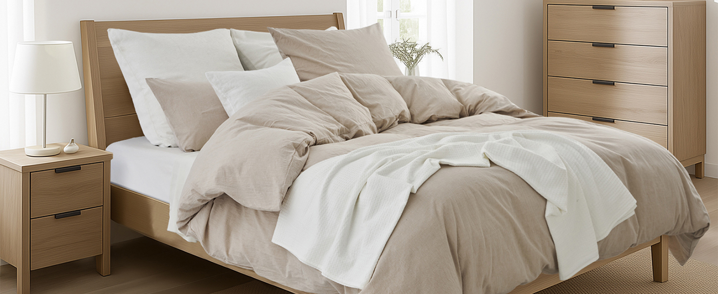 Комплект постільної білизни 200x220 з бавовни, бежевий, суперм'який, 100% бавовна, випрана, з льоноподібною текстурою, ÖKO-TEX, комплект 3 шт. (200x220 + 2 x 80x80)