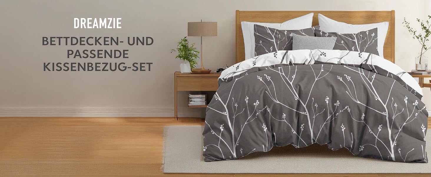 Комплект постільної білизни Dreamzie 200x200 см з 2 наволочками 80x80 см, сірий гілковий малюнок, для дорослих, 100% мікрофібра, сертифікат Oeko TEX