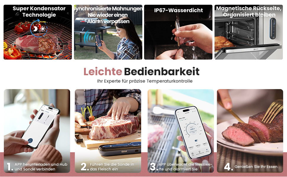 Бездротовий термометр для м'яса для гриля та копчення, 500FT, розумний датчик температури для BBQ, духовки, гриля, коптильні, Sous Vide (рожевий)