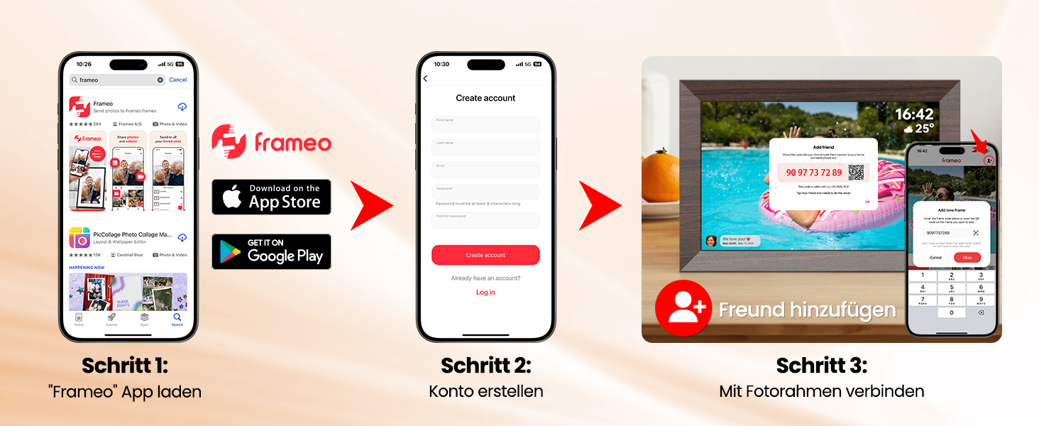 Frameo Цифровий фоторамка WiFi, 10.1 дюйма, HD IPS сенсорний екран, 32 ГБ пам'яті, автоматичне обертання, хмарна підтримка, віддалене завантаження фото та відео