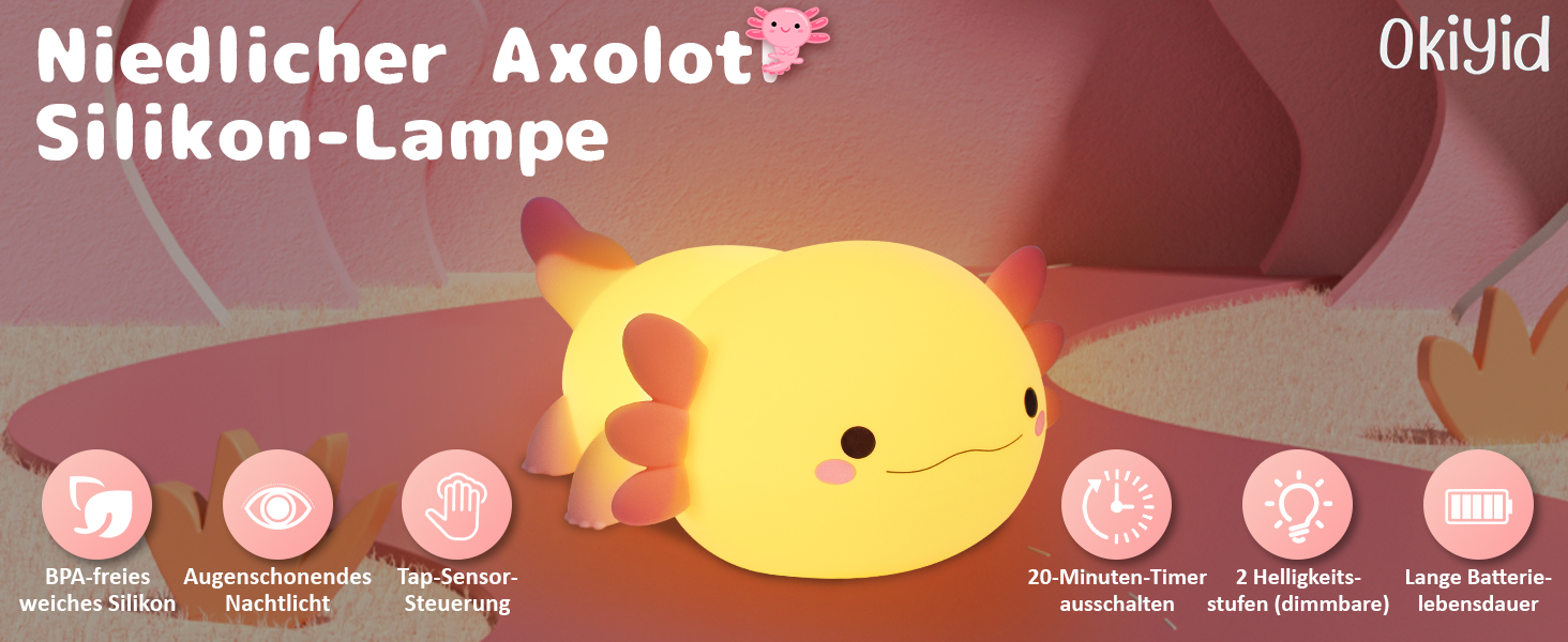 Нічник Axolotl, Подарунки для дітей, Сенсорне управління, Портативний, Акумуляторний, з регулюванням яскравості