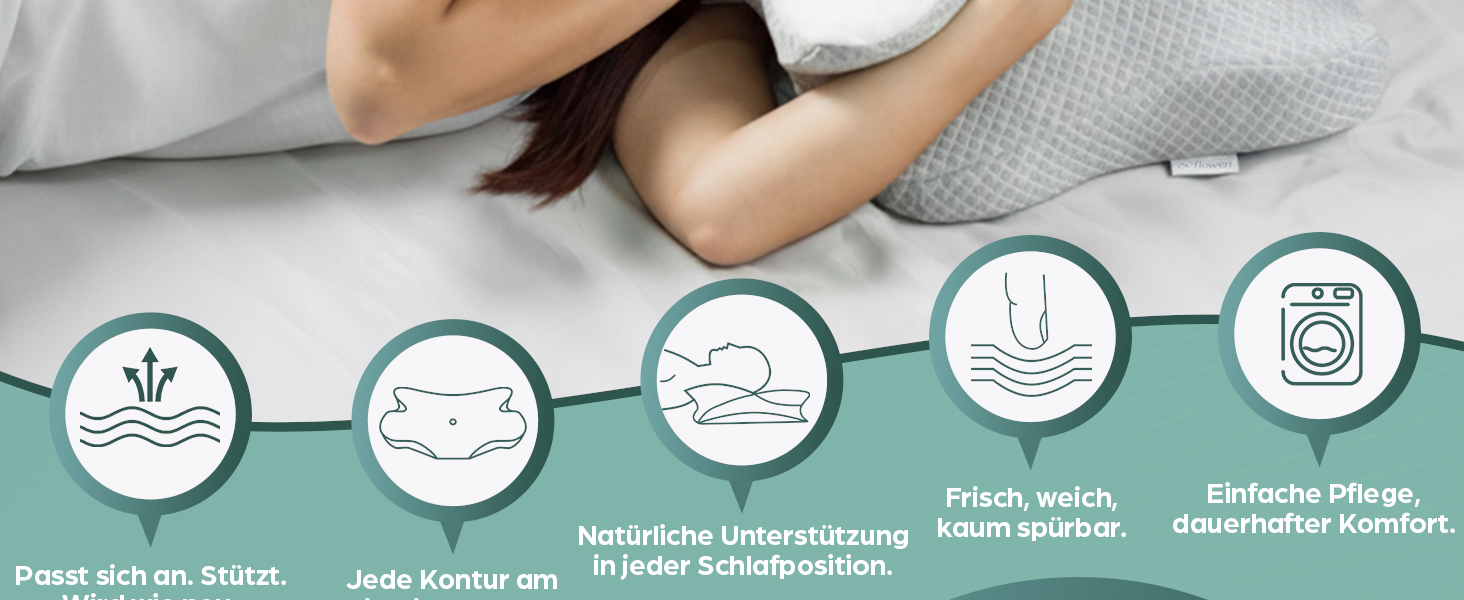 Ортопедична подушка Flowen з Memory Foam для підтримки шиї. Зручна для сну, допомагає при болях у шиї та запобігає хропінню. Матеріал: Memory Foam, поліестер.