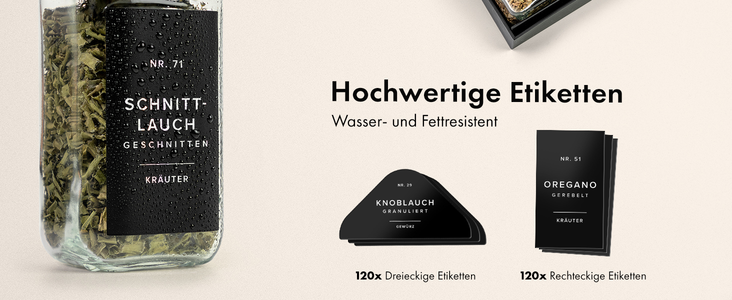 Набір баночок для спецій кутовий (24 x 120 мл) з кришками, ситечко, 240 чорних етикеток - високоякісні контейнери для спецій