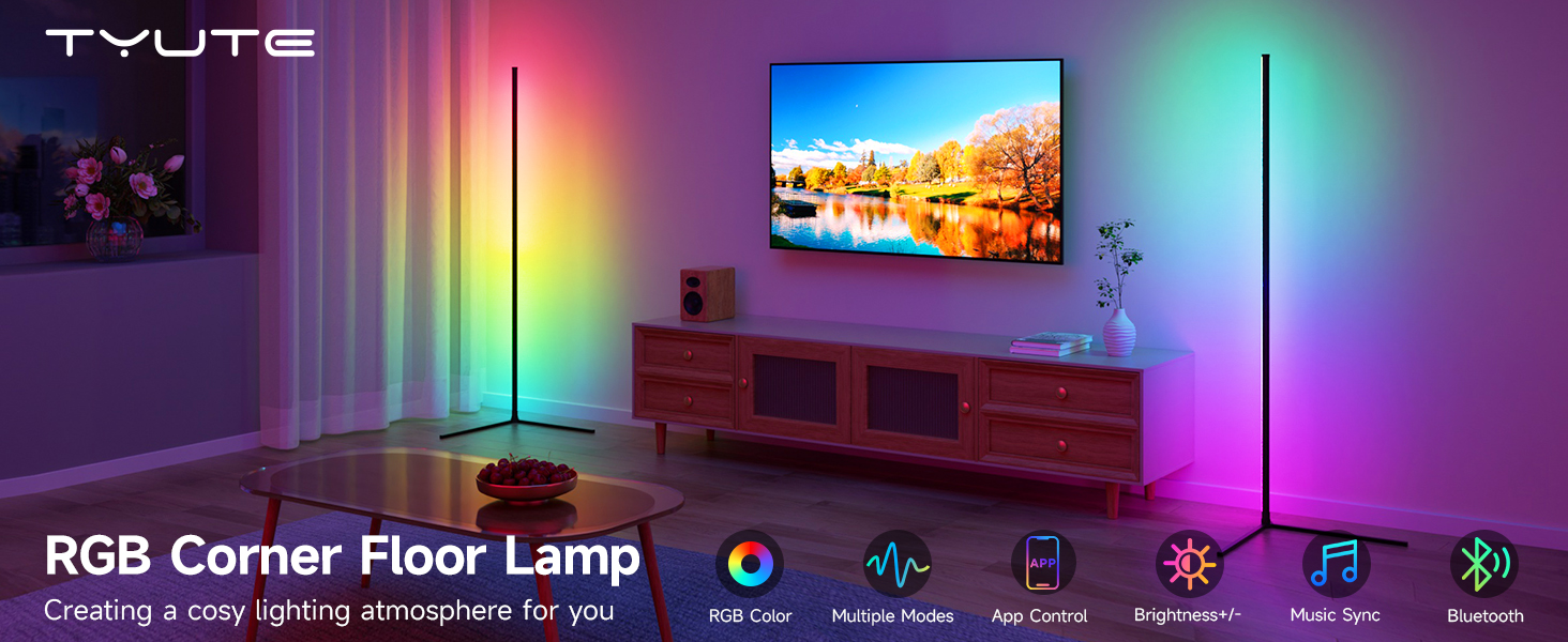 LED торшер у вітальню RGB кутовий, димується з пультом та додатком, синхронізація з музикою, DIY-режим, таймер - чорний