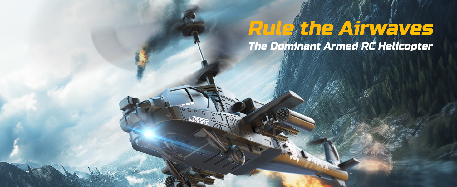 Радіокерований вертоліт DEERC Apache 2.4GHz, 2 акумулятори, 26 хв польоту, LED, стабілізація висоти, автоматичний зліт, чорний – ідеальний подарунок для хлопчиків