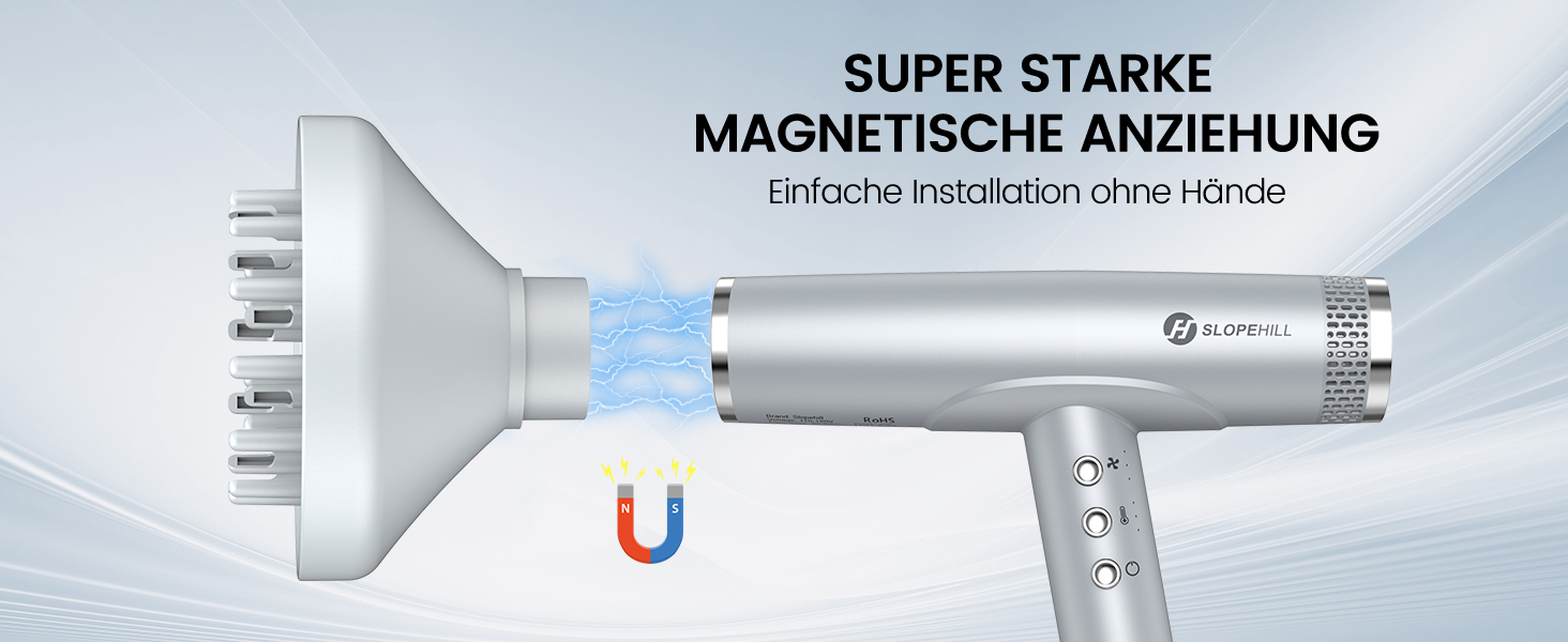 Іонний фен для волосся Slopehill з безщітковим двигуном 110 000 об/хв, біокерамічне покриття та магнітним дифузором, світло-сірий