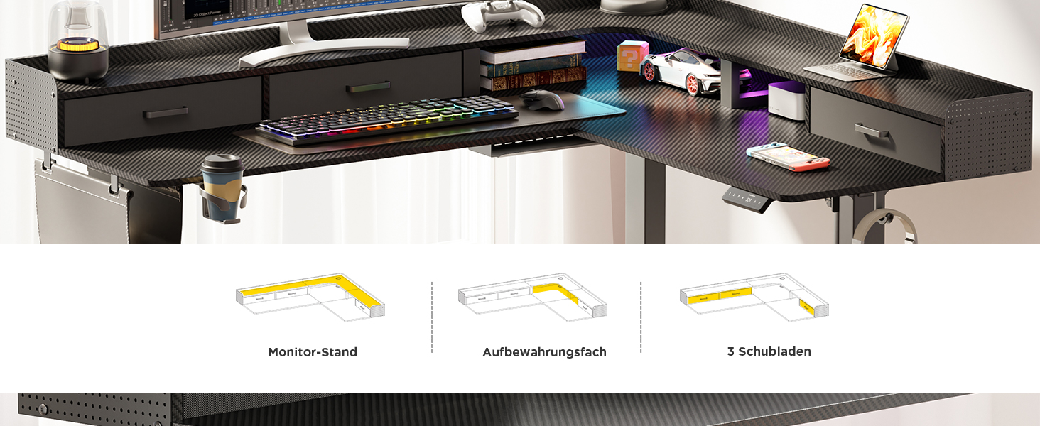 Регульований кутовий стіл L-подібної форми, електричний, 160 x 140 см, з 3 висувними ящиками. Стіл для офісу, роботи, геймінгу, стоячи/сидячи. Чорний колір.