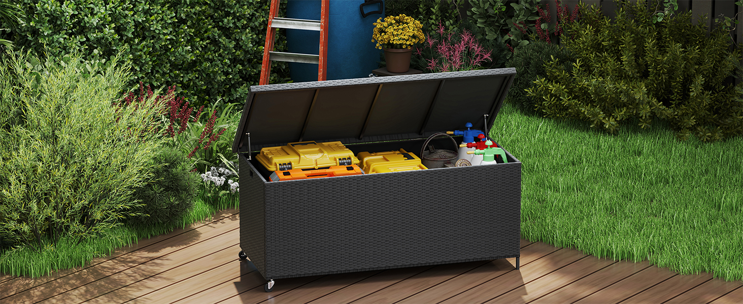 Водонепроникна садовий ящик-бокс UDPATIO з колесами 480л, чорний 138x61 см для саду та балкону