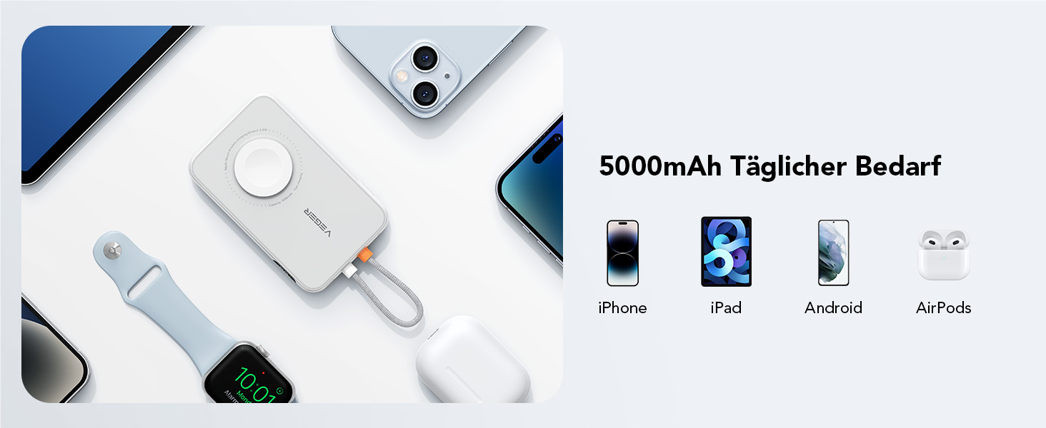 Вт PD, 5000 мАг, зарядка для кабелю Apple і годинника, USB-C, LED-дисплей, чорний, 20