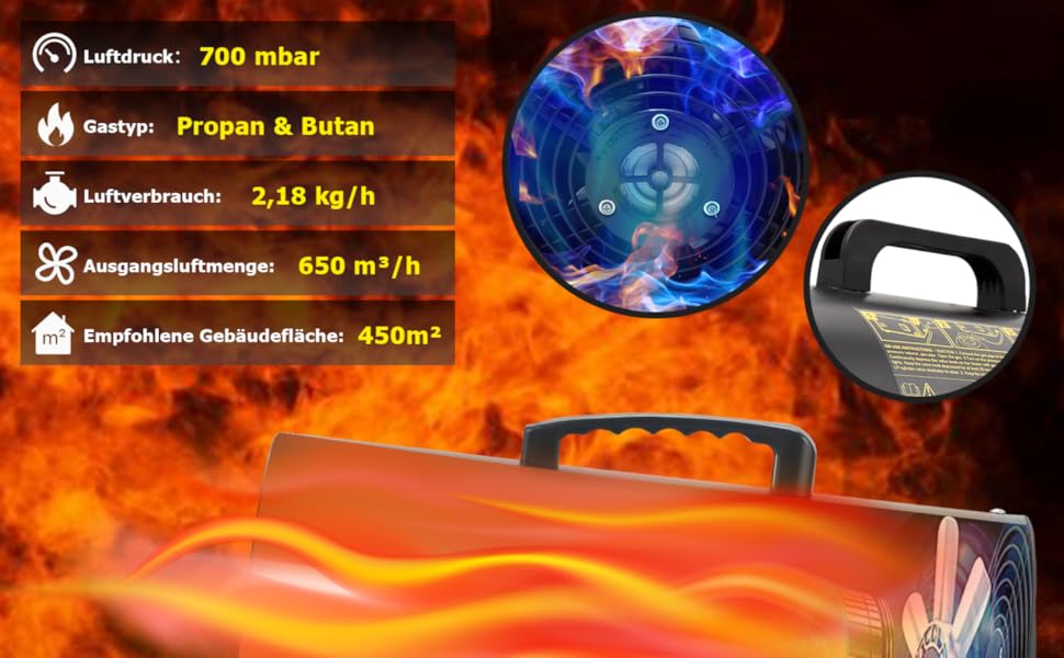 Газовий нагрівач для приміщень Ikodm 10kW 220V: газовий нагрівач, газовий обігрівач, газовий нагрівач-вентилятор, пропановий нагрівач, 320 м³/год, з газовим шлангом 1,2м та редуктором 700 мбар