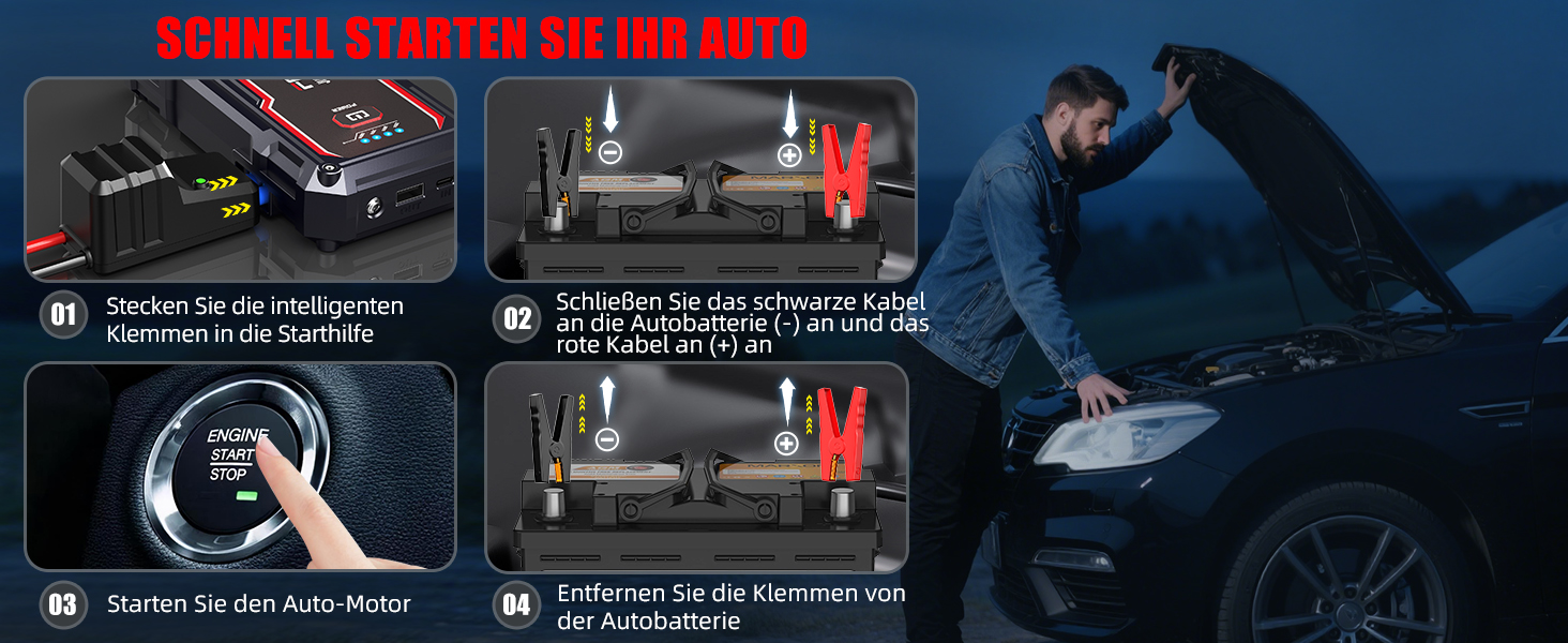Автомобільний зарядний пристрій FEIKFEIZ Auto Starthilfe Powerbank, пусковий пристрій 6000A 26800mAh для 12V акумуляторів (бензин та дизель до 8.0L), з USB-портом та LED-ліхтарем