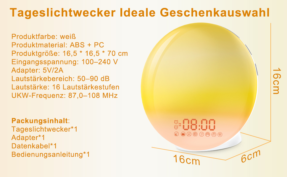 Будильник Cadrim з імітацією сходу сонця та заходу сонця, радіо, 7 природних звуків, FM-радіо, функція повтору, для дорослих та дітей, жовтий