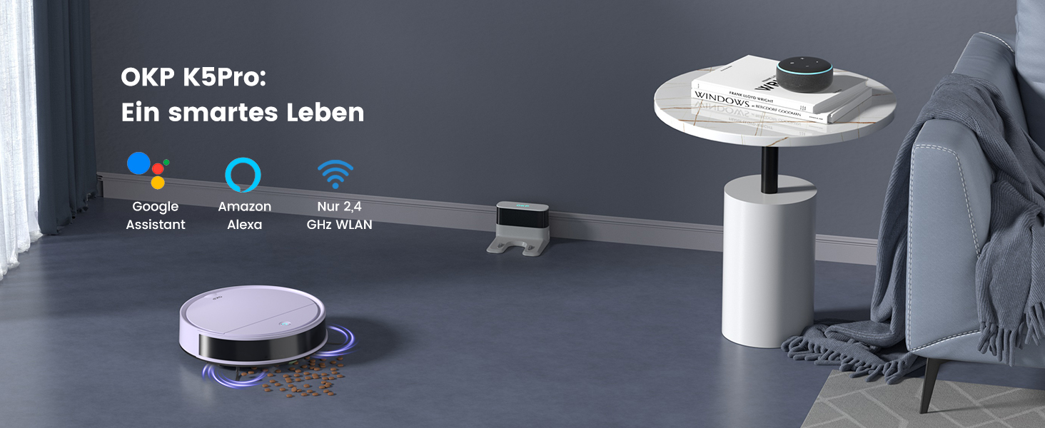 Робот-пилосос OKP K5P Purple: 5000Pa, навігація, HEPA-фільтр, Wi-Fi, для тварин, килимів, твердих підлог