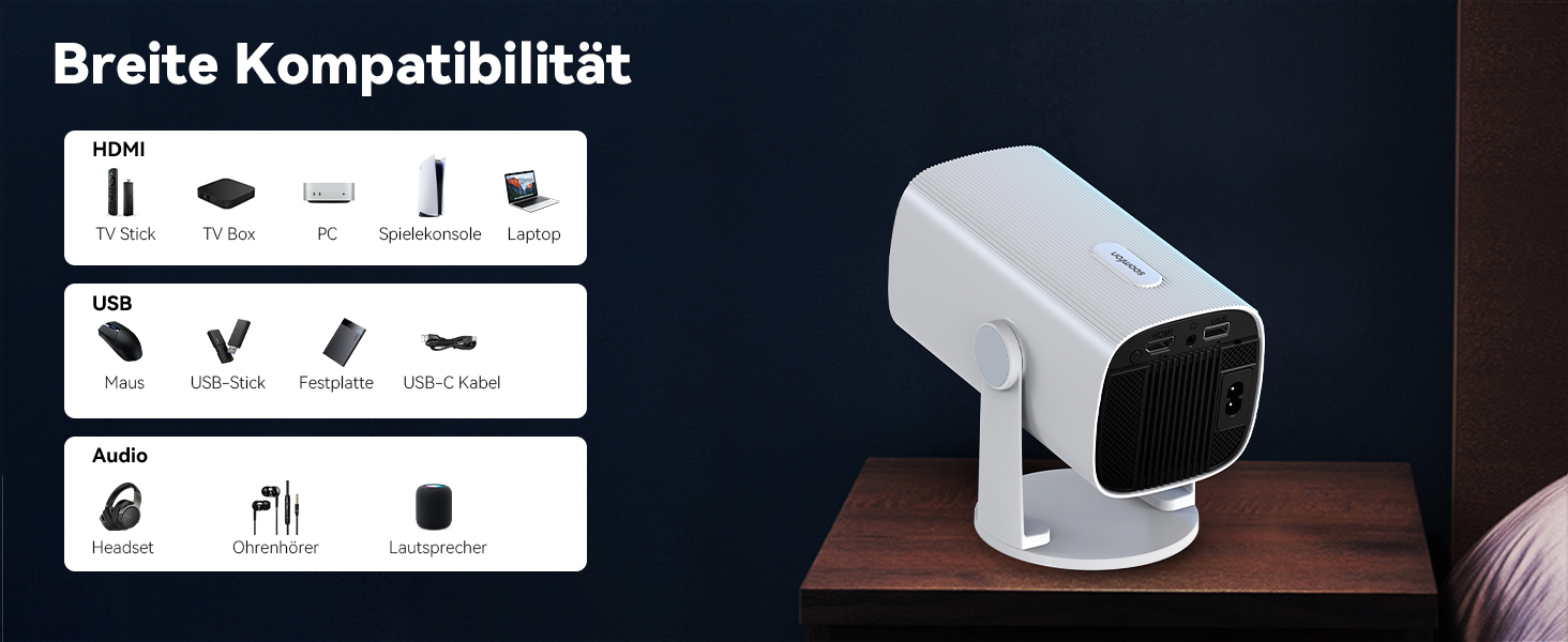 SOOMFON Mini Beamer 1080P: Портативний проєктор з Bluetooth, автотрапецеїдною корекцією та електричним фокусом. Сумісний з iPhone, Tablet, Laptop, TV Stick, HDMI, USB